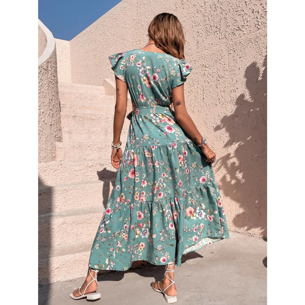 Floral Print Butterfly Sleeve Ruffle Hem Belted maxi Dress cream orange boho - Picture 4 of 12